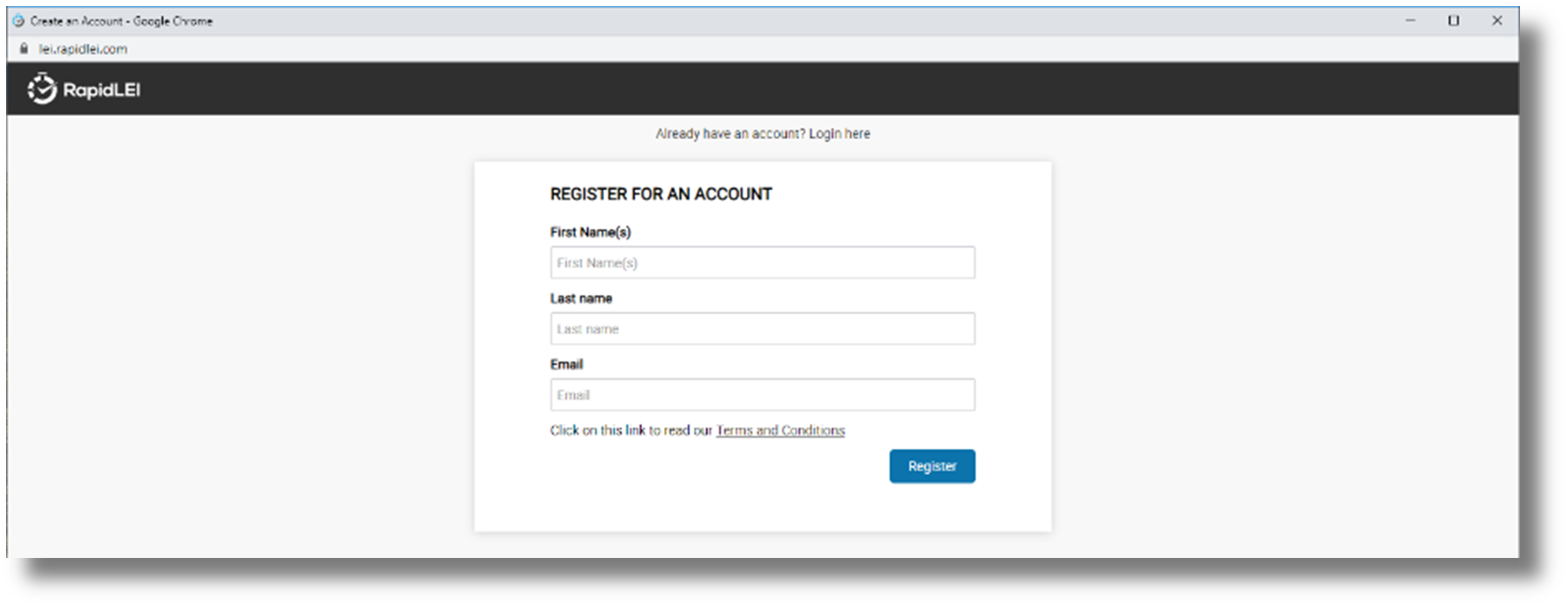 LEI Management Platform register for an account image